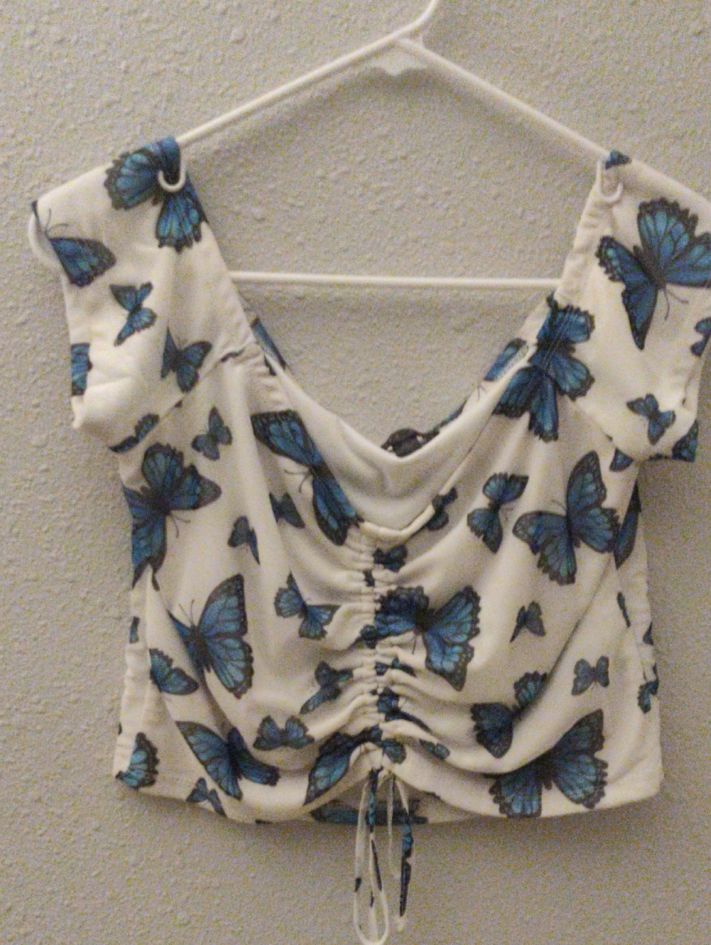 White Ruched Crop Top with Blue Butterfly Print - Women